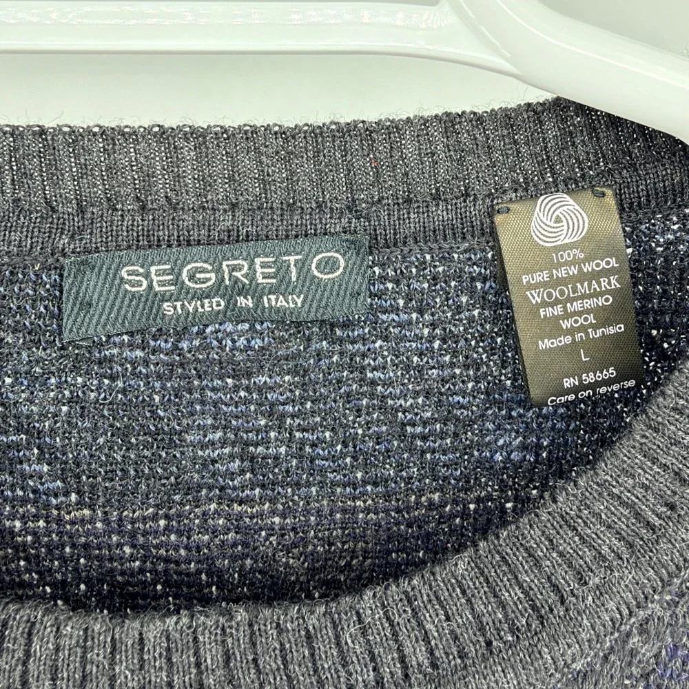 Segreto Merino Wool Crewneck Sweater Geometric Knit Italian Style Large Charcoal